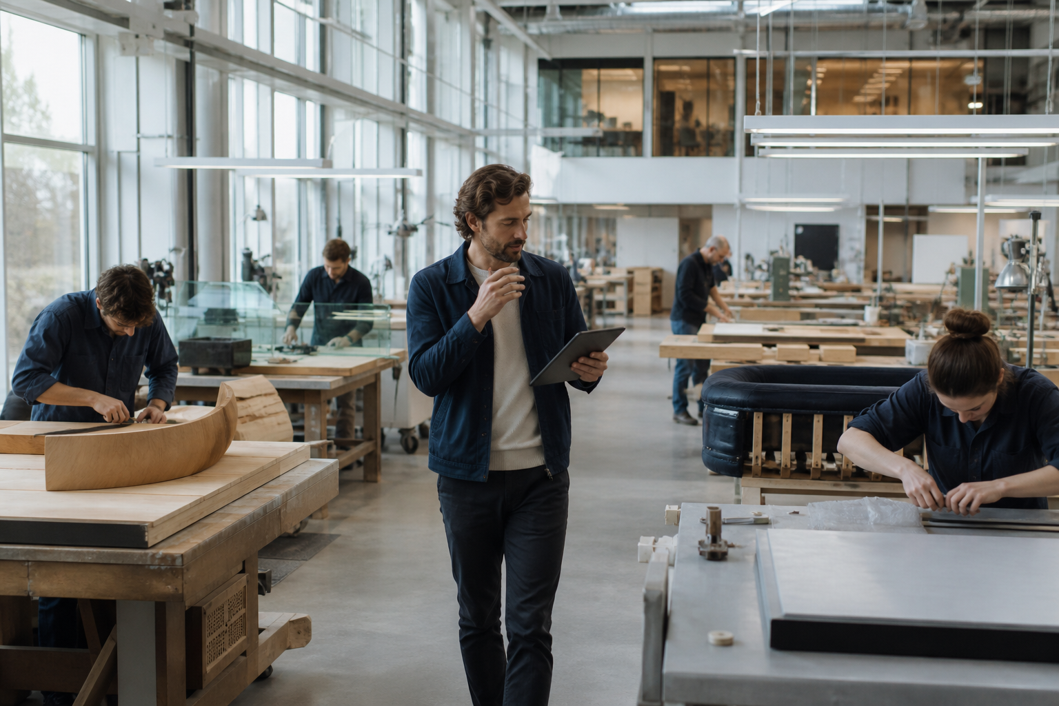 An operations lead using AI naturally within a mixed-material manufacturing workshop