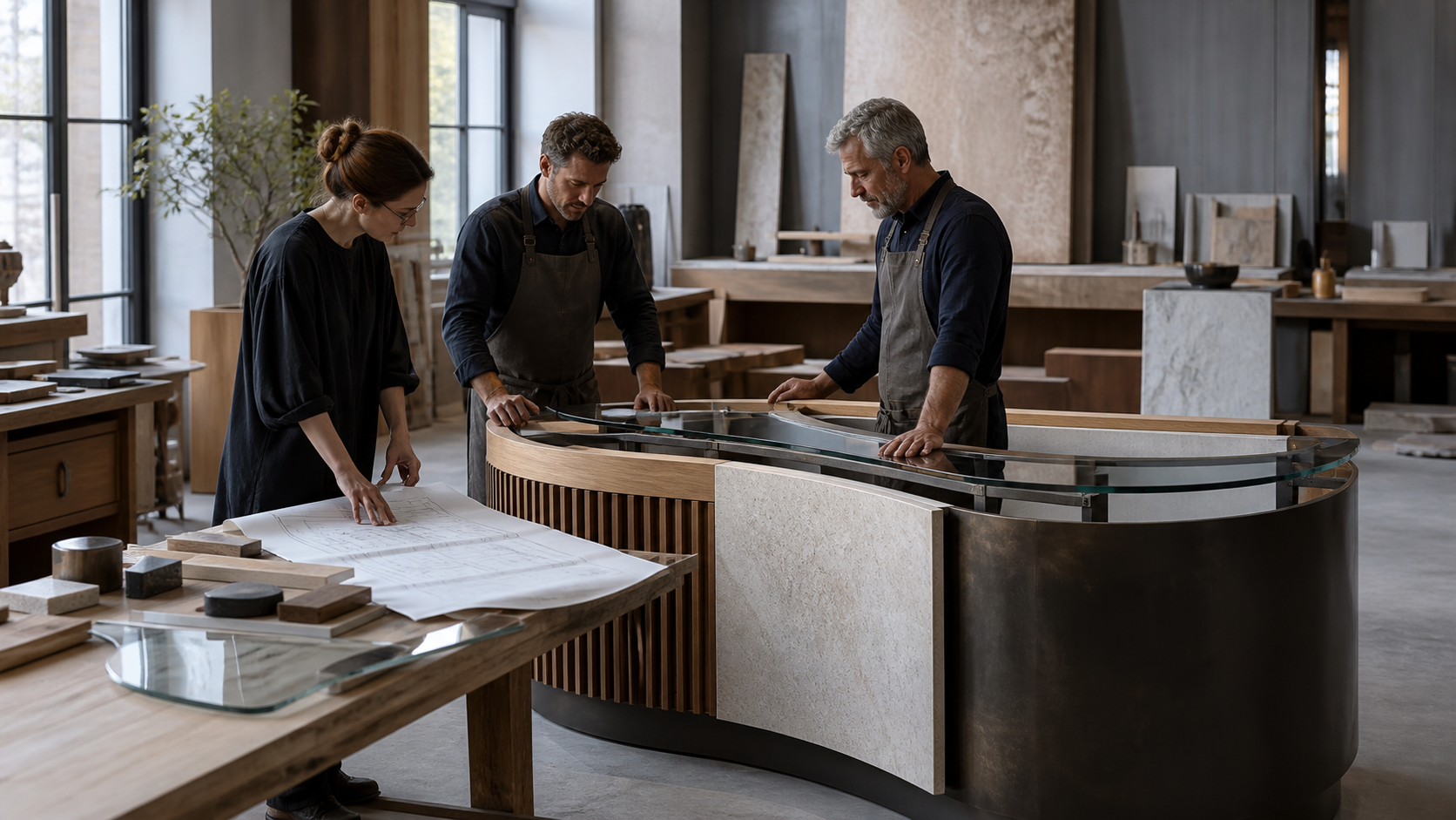 A designer and craftspeople resolving a unique curved mixed-material reception piece against its drawing