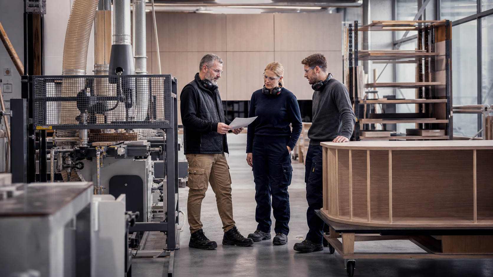 A pre-start safety inspection beside guarded equipment and a custom oak workpiece