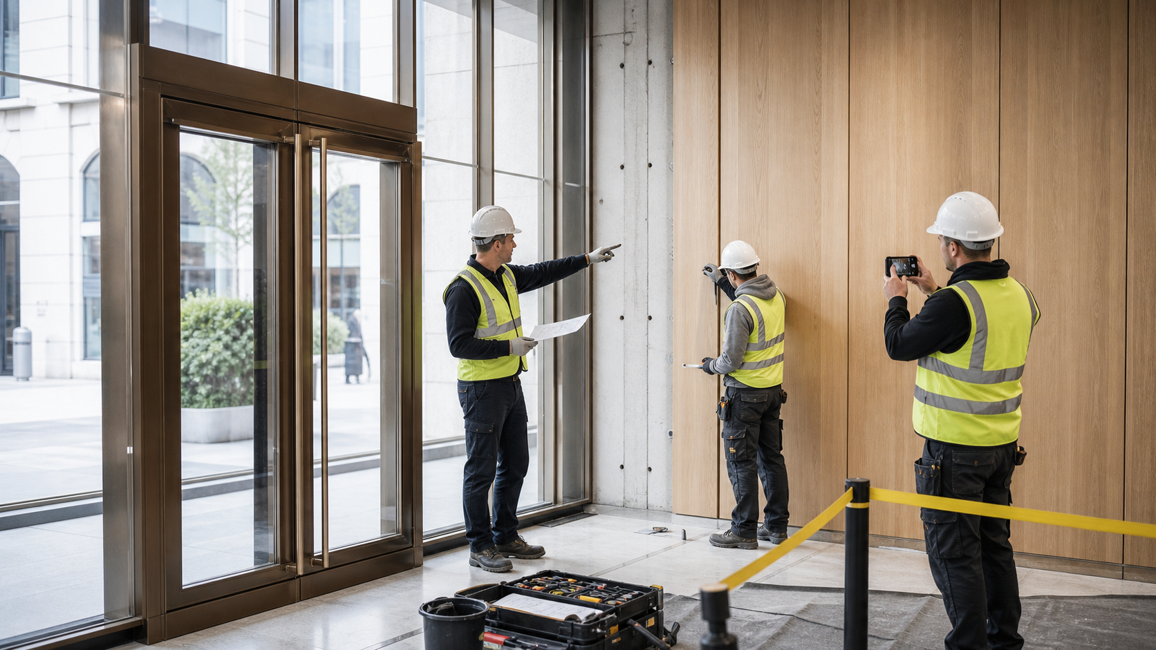 An installation team reviewing a changed fixing point before continuing work