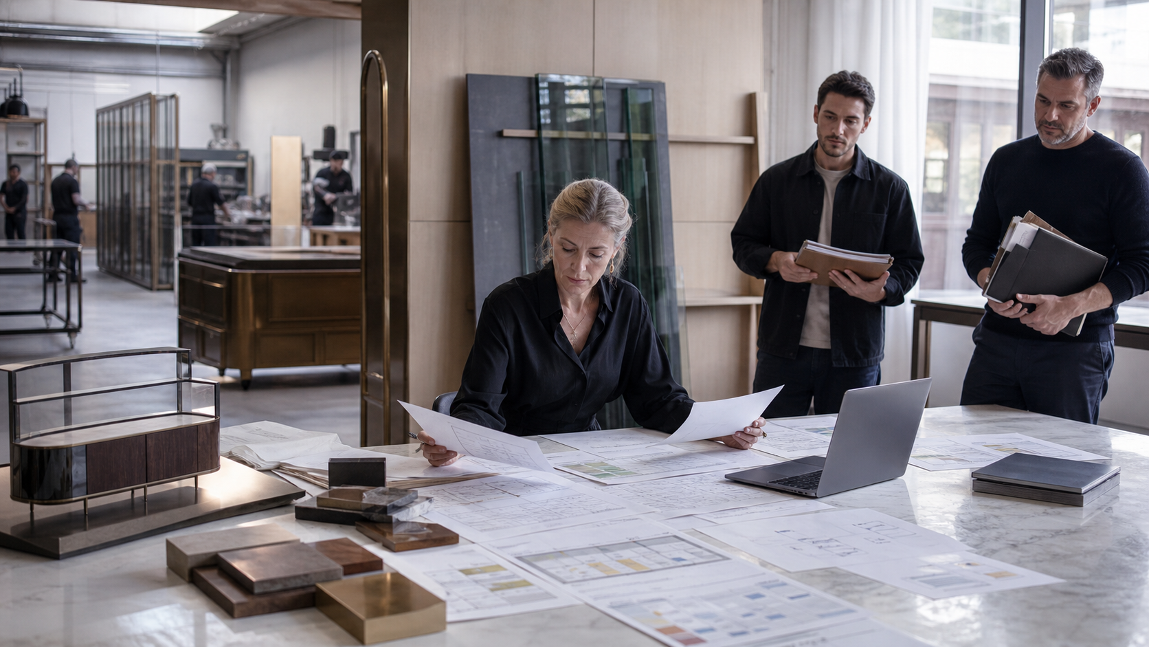 An operations coordinator reconciling several planning papers in a bespoke mixed-material studio