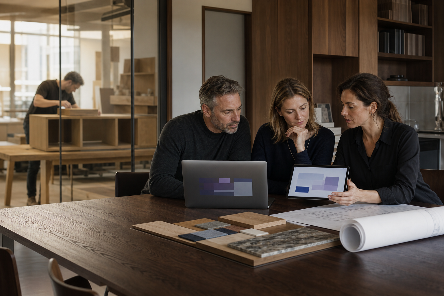 A bespoke manufacturing team coordinating one project across the office and workshop
