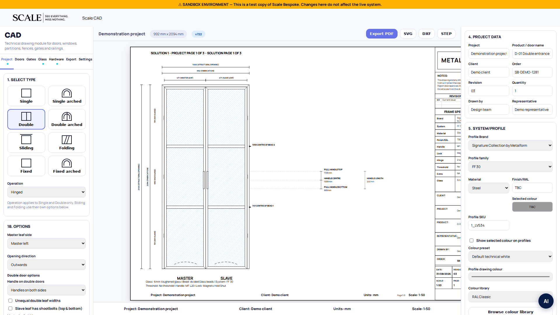 Sanitized Scale CAD workspace showing the real configuration panels, technical drawing sheet and export controls